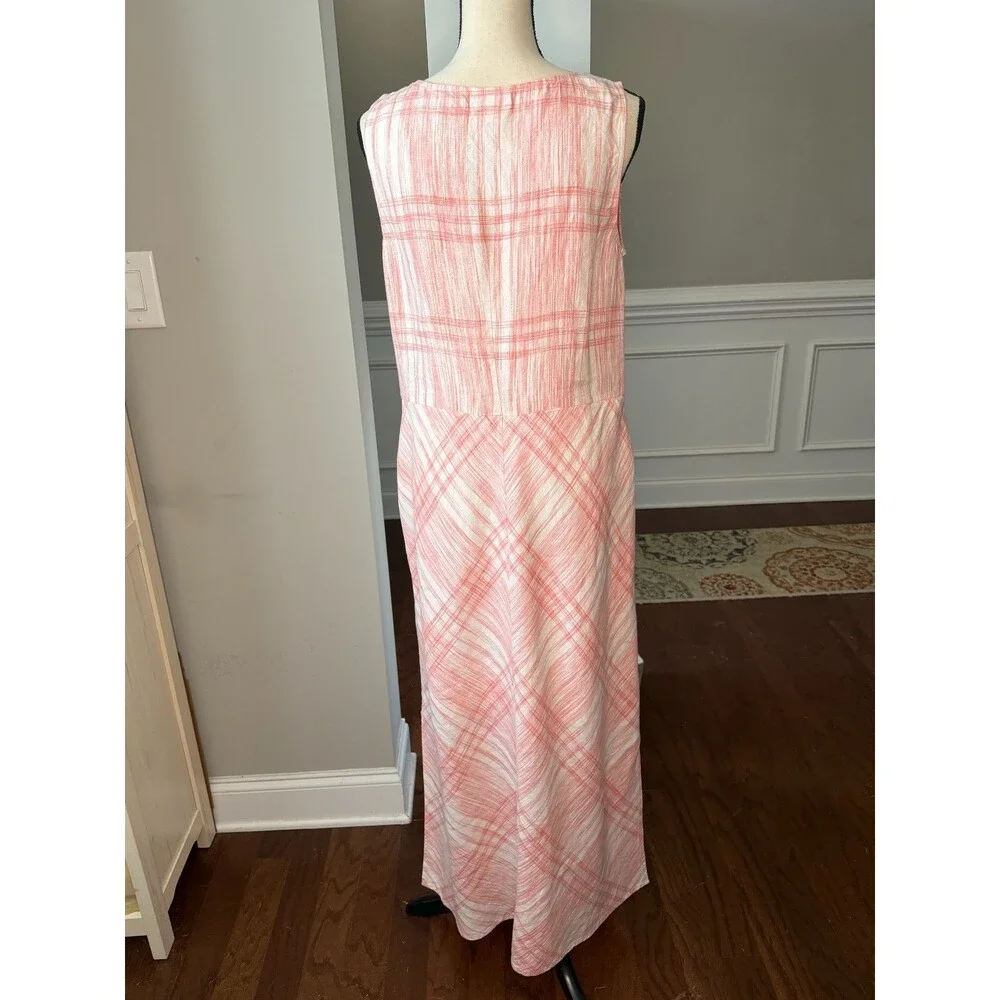 J Jill Love Linen maxi Plaid Dress Pink /white Sleeveless a-line Large Tall - Picture 5 of 8
